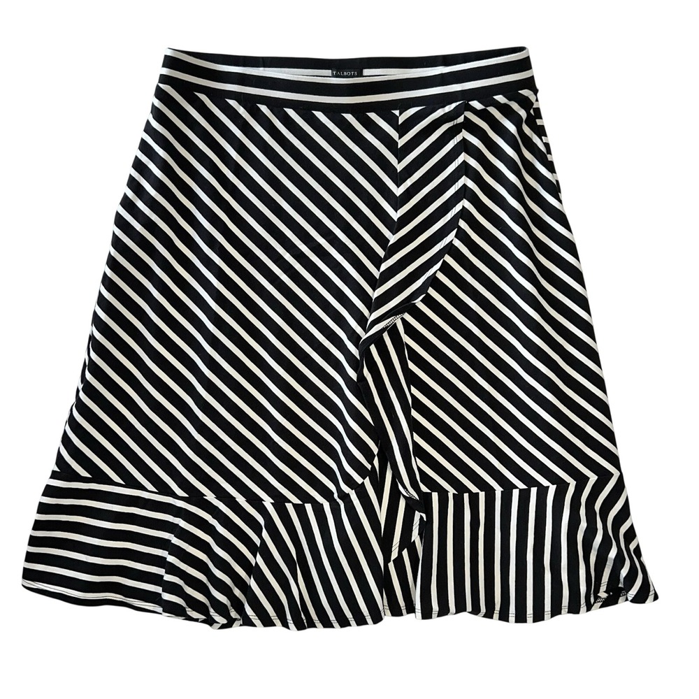 EUC Talbots Women's M Black/White Stripe‎ Jersey Cascading Midi Skirt Faux-wrap